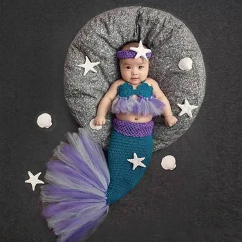 Yeni Tığ Örgü Yenidoğan Denizkızı Kuyruğu Kostüm Seti Bebek Fotoğraf Sahne Bebek Stüdyo Aksesuarları