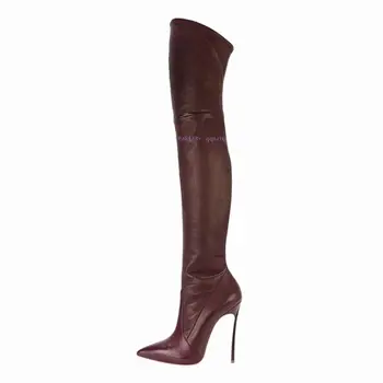 Yeni Uzun Katı Uyluk Yüksek Çizmeler Yan Zip Katı Stilettos Yüksek Topuk Sivri Burun Kadın Diz Üzerinde Çizmeler Ayakkabı botas de mujer