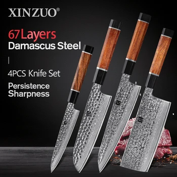 YENI XINZUO 4 ADET Mutfak Bıçakları Seti Çöl Ironwood Kolu Japon Şam Çelik Şef Santoku Cleaver Yardımcı Mutfak Bıçakları