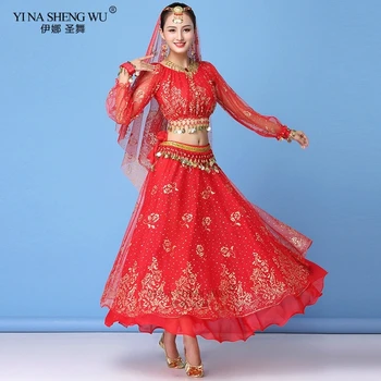 Yetişkin Bollywood Elbise Kostüm Kadınlar Hint Dans Sari Oryantal Dans Kıyafeti Performans Giyim Şifon Uzun Kollu Üst Kemer Etek