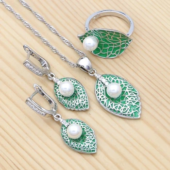 Yeşil Emaye Yaprak Takı Kadınlar için İnci Yüzük Küpe Kolye Kolye 925 Gümüş Gelin takı seti