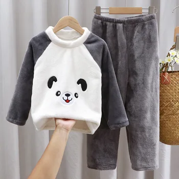 Çocuklar kış Giysileri Pijama Seti Kalın Pazen Polar Yürümeye Başlayan Çocuk Sıcak Karikatür Pijama Çocuklar panda Ev Takım Elbise