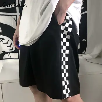 Şort Kadın Retro Unisex Ekose Punk Basit Elastik Bel Rahat Harajuku Pantolon Çift Gevşek Y2k Günlük Streetwear Ins Gotik
